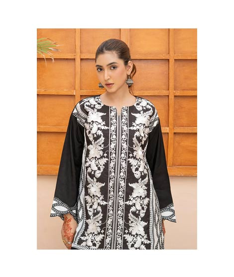 iShopping - Ahlam Black White Mughal Embroidery Raw Silk Suit 2-piece