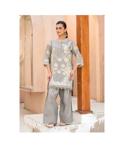 iShopping - Ahlam Floral Gray Gold Embroidery Raw Silk Suit 2-piece