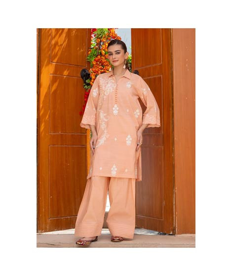iShopping - Ahlam Blush Pink Floral Embroidery Raw Silk Suit 2-piece
