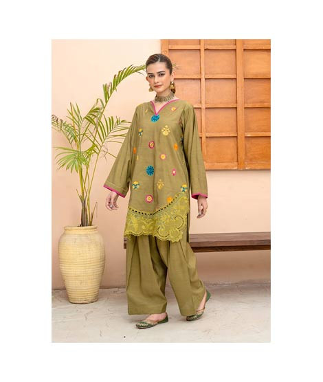 iShopping - Ahlam Mocha Browm Threadwork Embroidery Raw Silk Suit 2-piece