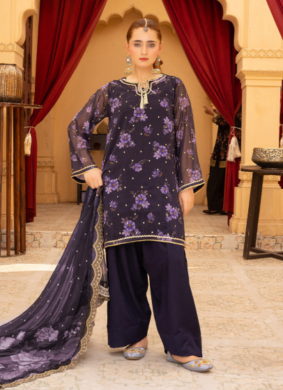 iShopping - Ahlam Celestial Set Embroidered Printed Silk Suit 3-piece