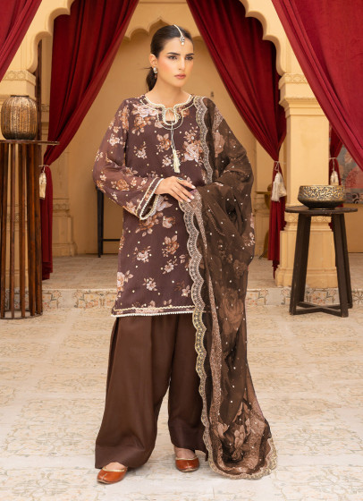 iShopping - Ahlam Cocoa & Zari Embroidered Printed Silk Suit 3-piece