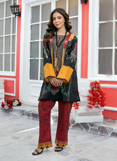 iShopping - Ahlam Crimson Block-Print Printed Lawn Kurta Set 2-Piece