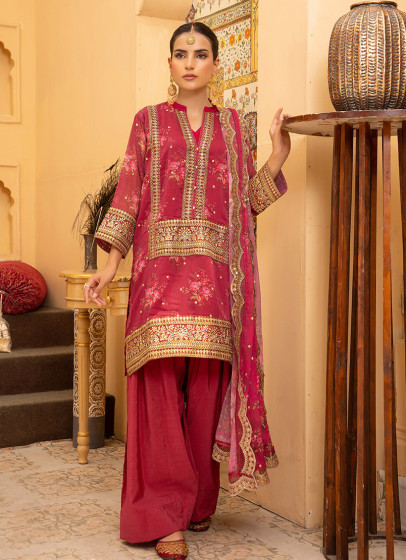 iShopping - Ahlam Crimson Dahlia Embroidered Printed Silk Suit 3-piece