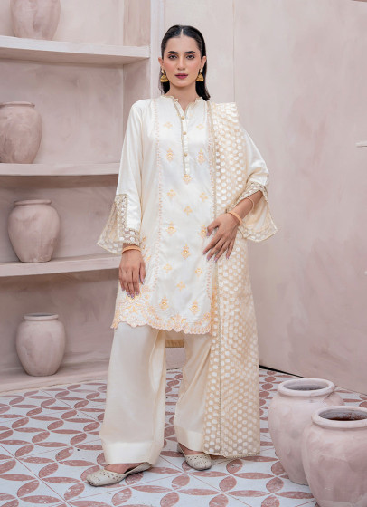 iShopping - Ahlam Gilded Ivory Embroidery Raw Silk Suit 3-piece
