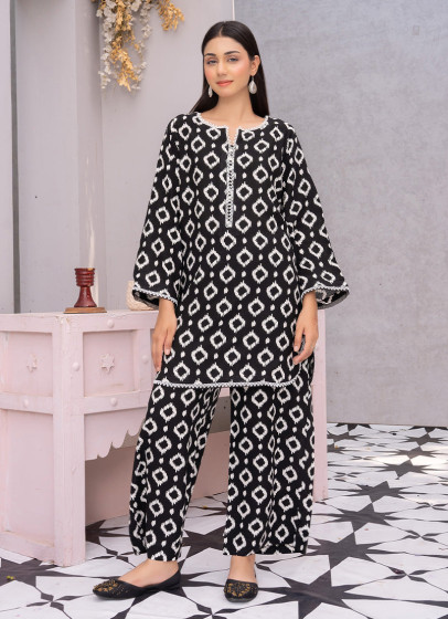 iShopping - Ahlam Monochrome Mosaic Printed Linen kurta Set 2-piece