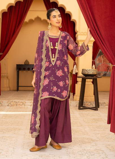iShopping - Ahlam Orchid Zardozi Embroidered Printed Silk Suit 3-piece