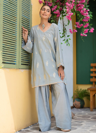 iShopping - Ahlam Pearls Grey Jackard Suit 2-Piece