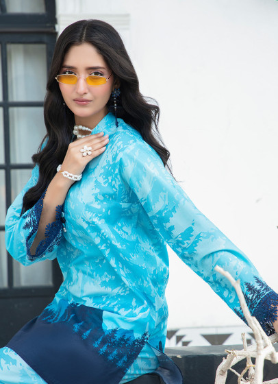 iShopping - Ahlam Sea Blue Premium Tunic Printed Lawn Kurta 1-piece