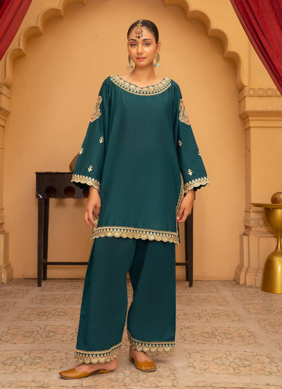 iShopping - Ahlam Teal Drape Embroidered Bana Dora Pret 2-piece