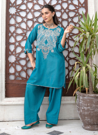 iShopping - Ahlam Teal Sapphire Cotton Suit 2-Piece