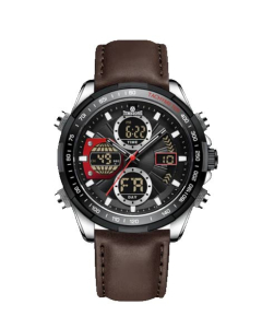 Timezone Aurora Crest Watch For Men (TZ-1303)-Black Bezel - Brown Strap